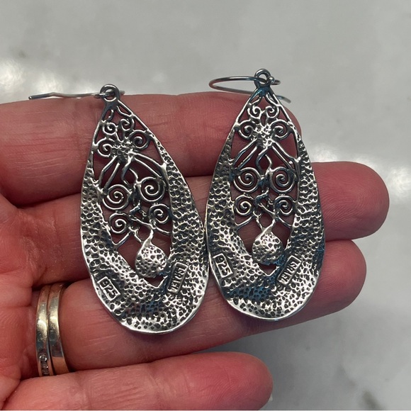 Sterling silver 925 with Opals drop fish hook earrings scroll + hammered details - Picture 3 of 10